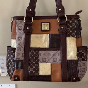 JOSE HESS Patchwork Tote Bag with Gold and Brown Accents
